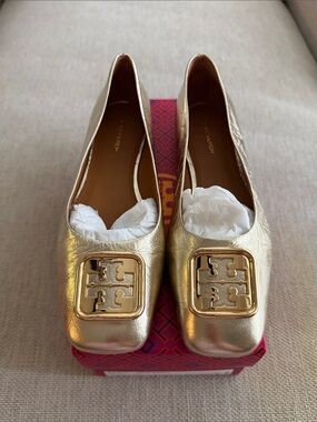 Tory Burch Georgia ballet Metallic Gold Logo Square-Toe Flats